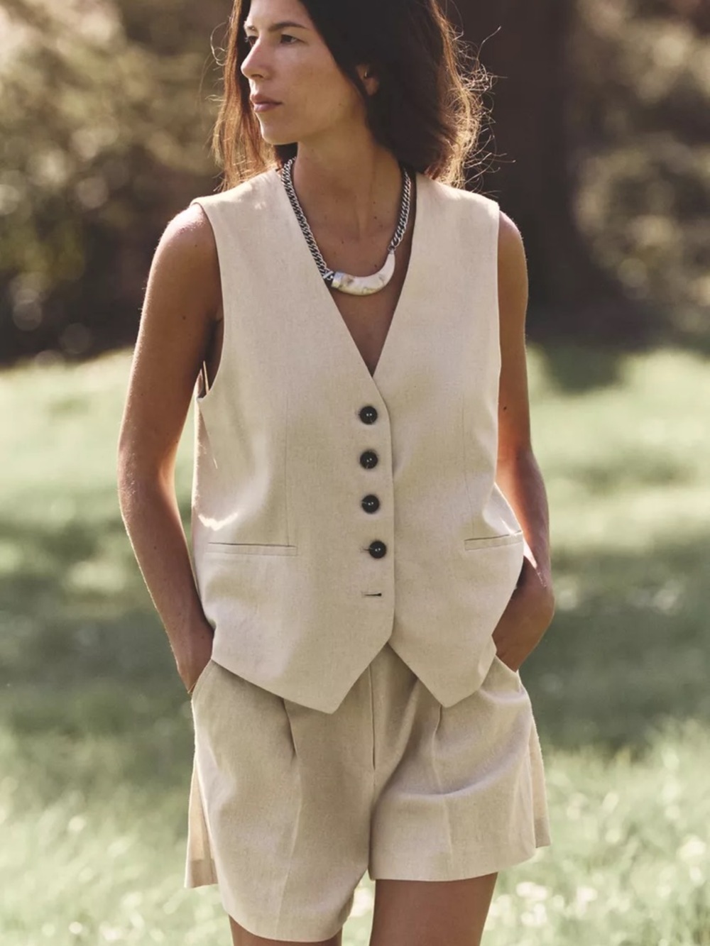 NWT ZARA Tailored Linen Vest Waistcoat Button Down Light Beige Women's XS Cotton